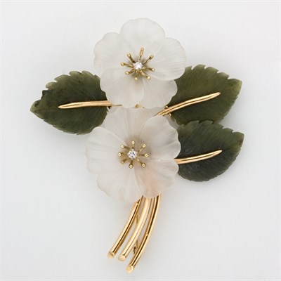 Lot 192 - Gold, Carved Frosted Rock Crystal, Nephrite and Diamond Flower Brooch