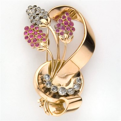 Lot 196 - Gold, Diamond and Cabochon Ruby Bow Clip-Brooch