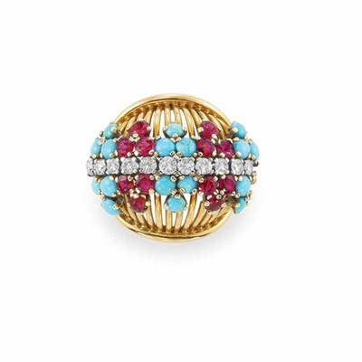 Lot 238 - Gold, Turquoise, Ruby and Diamond Bombe Ring