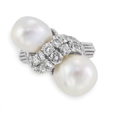 Lot 287 - White Gold, Baroque Cultured Pearl and Diamond Crossover Ring