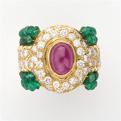 Lot 213 - Cabochon Ruby, Emerald Bead and Diamond Ring