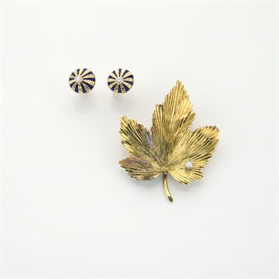 Lot 156 - Pair of Gold and Blue Enamel Earrings and Gold and Diamond Leaf Brooch, Tiffany & Co.