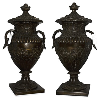 Lot 419 - Pair of Louis XVI Style Patinated-Bronze Urns...