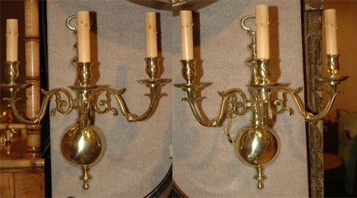 Lot 237 - Pair of Dutch Baroque Style Brass Three-Light...