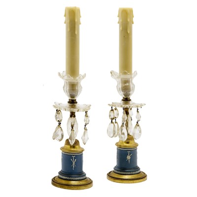 Lot 281 - Pair of Blue Jasperware Candlestick Lamps with...