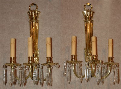 Lot 357 - Pair of Neoclassical Style Brass and Crystal...