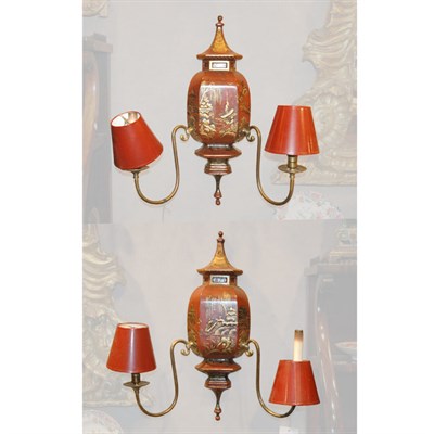 Lot 393 - Pair of Regency Style Red Lacquered Two-Light...