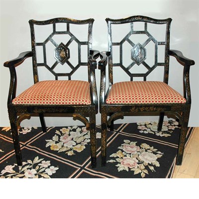 Lot 306 - Pair of George III Style Black Japanned Armchairs
