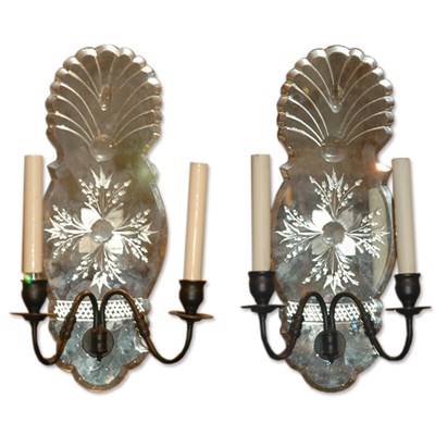 Lot 409 - Pair of Etched Glass Two-Light Sconces Each...