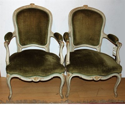Lot 394A - Pair of Louis XV Style Painted Fauteuils en...