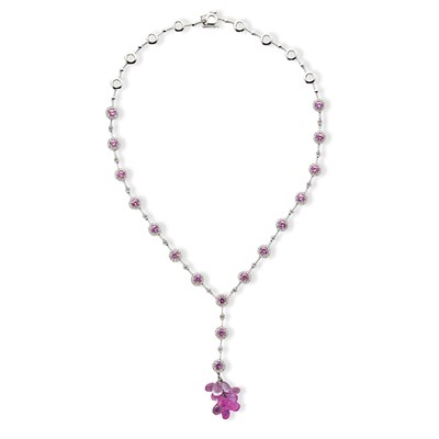 Lot 219 - White Gold, Pink Sapphire and Diamond Pendant-Necklace