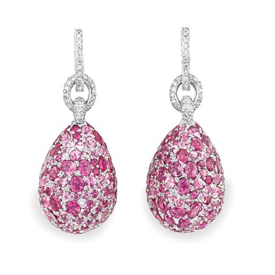 Lot 451 - Pair of Diamond and Pink Sapphire Pendant-Earrings