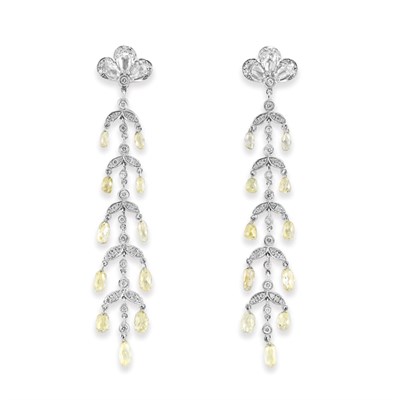 Lot 39 - Pair of Diamond and Yellow Diamond Pendant-Earrings