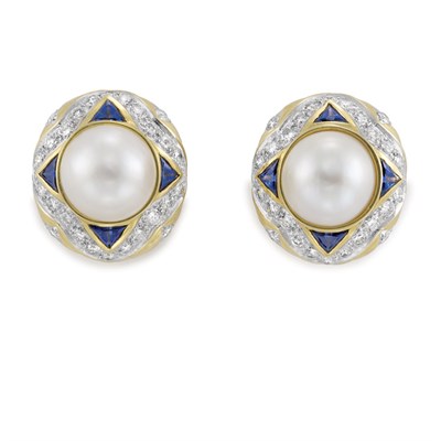 Lot 302 - Pair of Gold, Mabe Pearl, Sapphire and Diamond Earclips