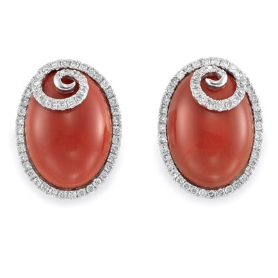 Lot 294 - Pair of Coral and Diamond Earrings