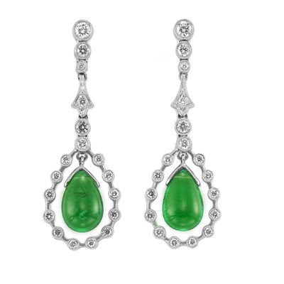 Lot 323 - Pair of Emerald and Diamond Pendant-Earrings