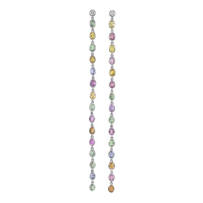 Lot 318 - Pair of Diamond and Multi-Colored Sapphire Pendant-Earrings