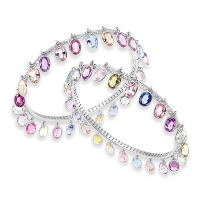 Lot 120 - Pair of  Multi-Colored Sapphire and Diamond Fringe Bangle Bracelets