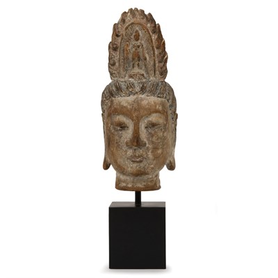 Lot 66 - Painted Wood Head of a Bodhisattva Ming...