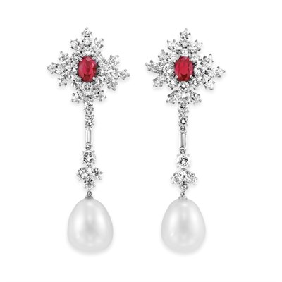 Lot 550 - Pair of Diamond, Ruby and Cultured Pearl Pendant-Earclips, Bulgari