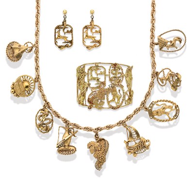 Lot 83 - Gold Charm Necklace, Cuff Bangle and Pair of Pendant-Earrings