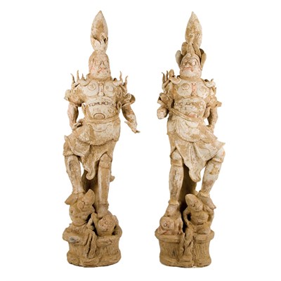 Lot 153 - Pair of Painted Pottery Figures of Lokapala...