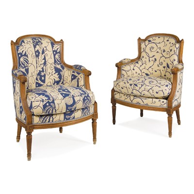 Lot 603 - Pair of Louis XVI Style Fruitwood Upholstered...