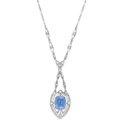 Lot 139 - Platinum, Cabochon Sapphire and Diamond Lavaliere