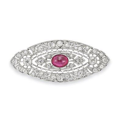 Lot 140 - Platinum, Cabochon Ruby and Diamond Filigree Brooch