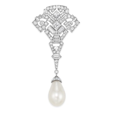Lot 545 - Art Deco Diamond Clip with Natural Pearl and Diamond Pendant