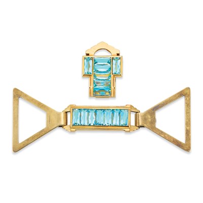 Lot 98 - Gold and Aquamarine Clip and Belt Buckle Ornament, Cartier