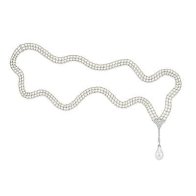 Lot 548 - Platinum, Natural Pearl and Diamond Sautoir, Tiffany & Co.