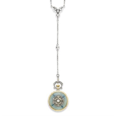 Lot 138 - Platinum, Gold, Diamond, Guilloche Enamel and Diamond Pendant-Watch with Chain, Black, Starr & Frost
