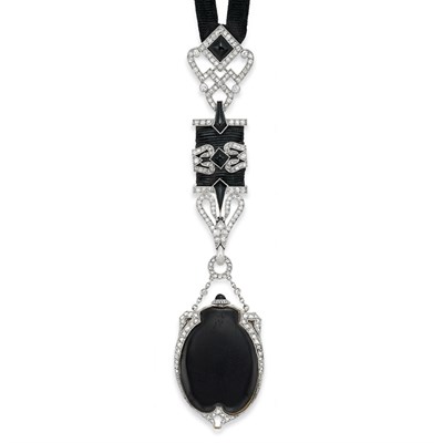 Lot 538 - Platinum, Gold, Black Enamel, Diamond and Black Onyx Pendant-Watch