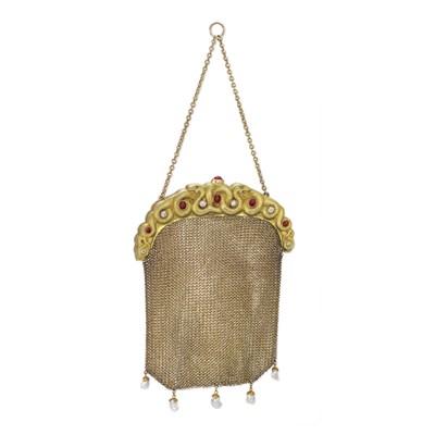 Lot 322 - Antique Gold, Ruby, Diamond and Freshwater Pearl Mesh Purse