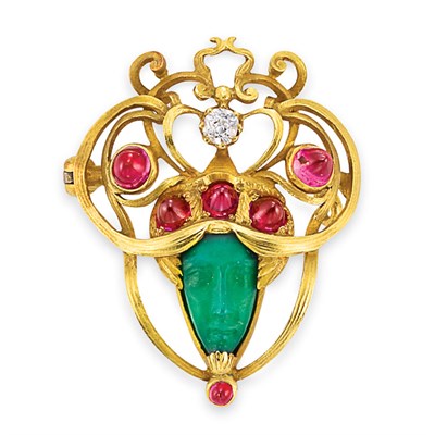 Lot 180 - Art Nouveau Gold, Carved Green Glass, Cabochon Ruby and Diamond Brooch