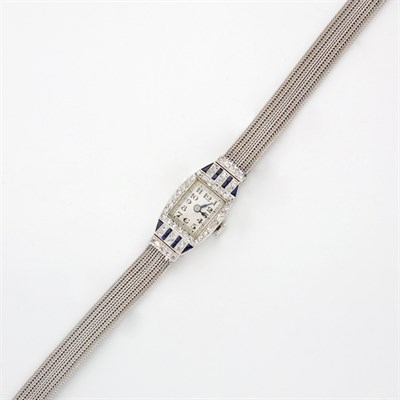 Lot 390 - Platinum, White Gold, Diamond and Synthetic Sapphire Wristwatch