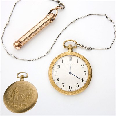 Lot 380 - Gold Open Face Pocket Watch with Platinum and Pearl Chain and Gold-Filled Mechanical Pencil, Spaulding & Co.