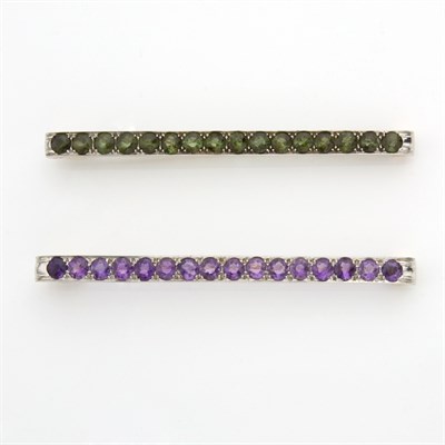 Lot 387 - Pair of Platinum, Gold, Amethyst and Tourmaline Bar Pins