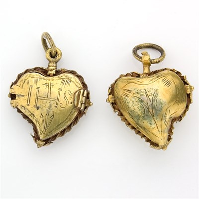 Lot 385 - Two Antique Brass and Metal Heart Lockets