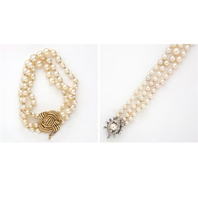 Lot 393 - Two Triple-Strand Cultured Pearl Bracelets