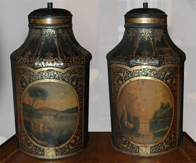 Lot 482 - Pair of Painted Tole Canister Lamps Height 33...