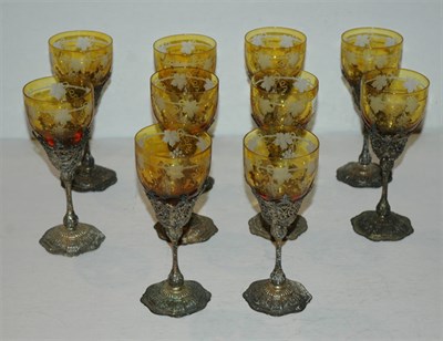 Lot 267 - Set of Ten Silver Mounted Etched Amber Glass...