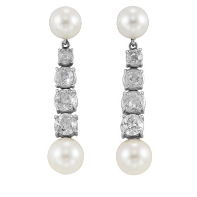 Lot 125 - Pair of  Diamond and Cultured Pearl Pendant-Earrings