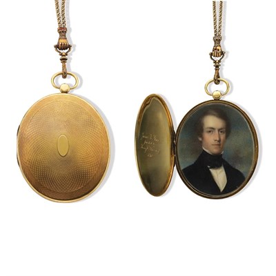 Lot 55 - Antique Gold and Portrait Miniature Locket with Long Gold Muff Chain