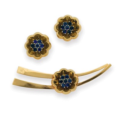 Lot 172 - Gold and Sapphire Flower Brooch and Pair of Earclips, J.E. Caldwell