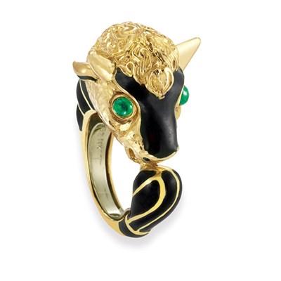 Lot 553 - Gold, Enamel and Cabochon Emerald Bull's Head Ring, David Webb