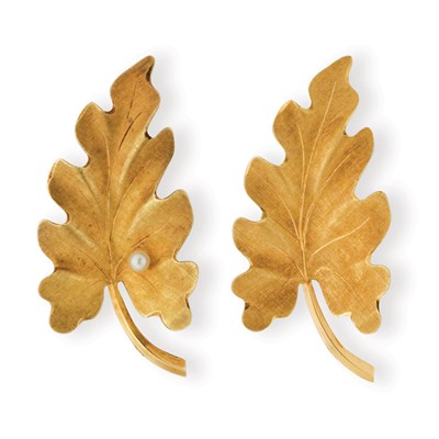 Lot 73 - Pair of Gold and Cultured Pearl Leaf Brooches, Tiffany & Co.
