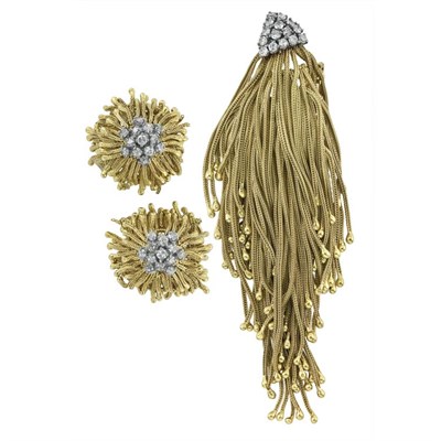 Lot 205 - Gold and Diamond Fringe Clip and Pair of Earclips