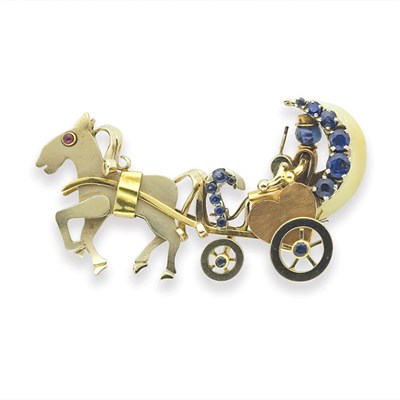 Lot 6 - Tricolor Gold and Sapphire Horse and Carriage Brooch